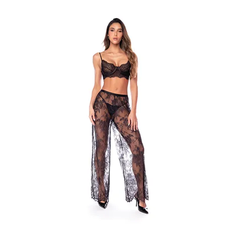 Three-Piece Lace Bra, Wide-Leg Pants and Thong Set