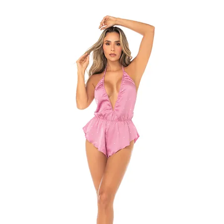 Satin Plunging Halter Teddy with Rhinestone Detail