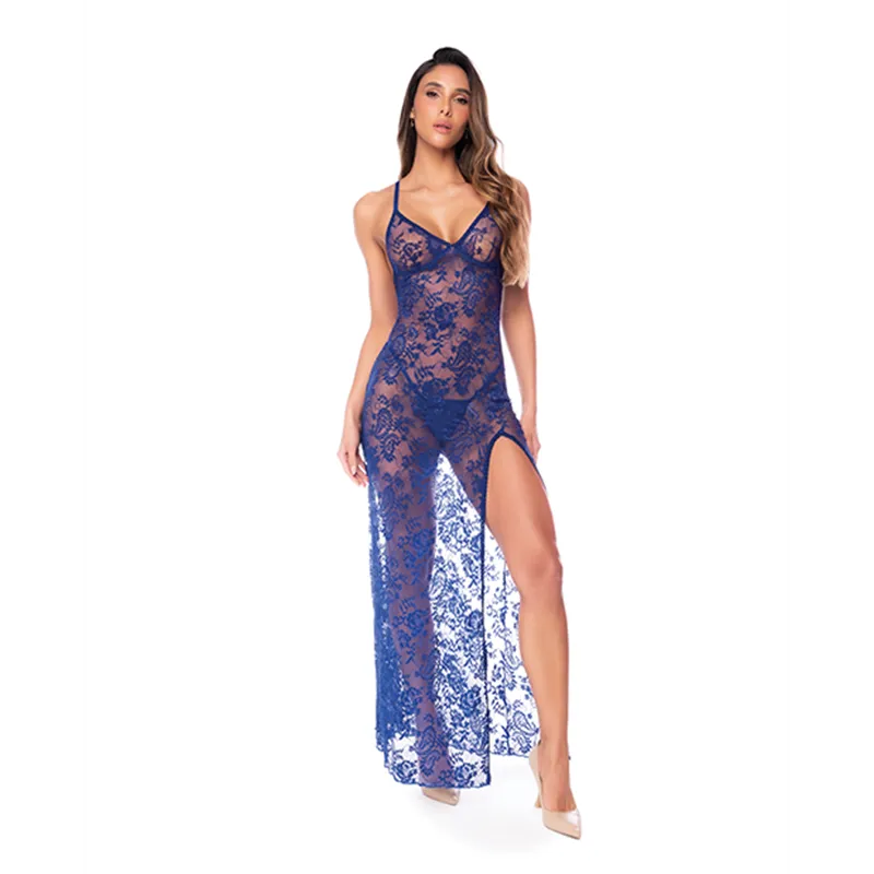 Sheer Lace Maxi Dress with Plunging Neckline and Open Back