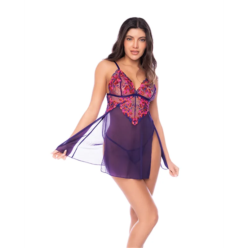 Floral Embroidered Mesh Babydoll with Thong Set