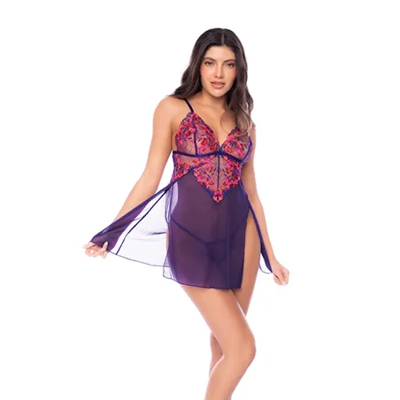 Floral Embroidered Mesh Babydoll with Thong Set