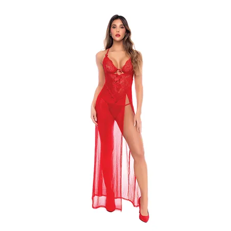 Dotted Lace and Mesh Maxi Dress with High Side Slit and Thong