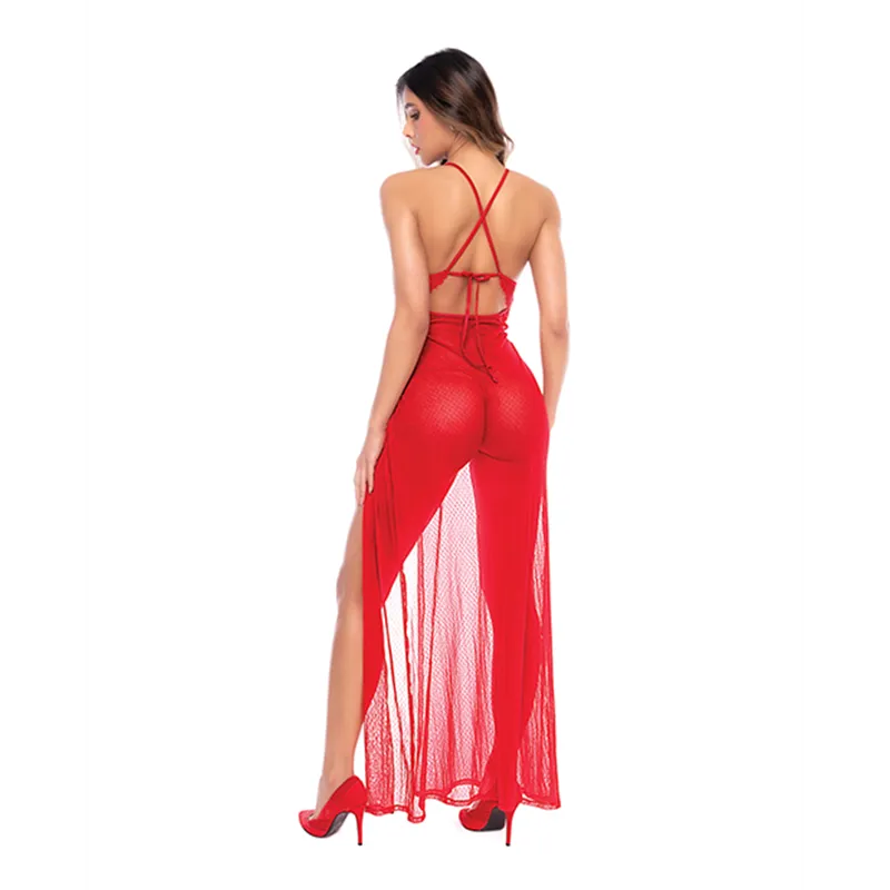 Dotted Lace and Mesh Maxi Dress with High Side Slit and Thong
