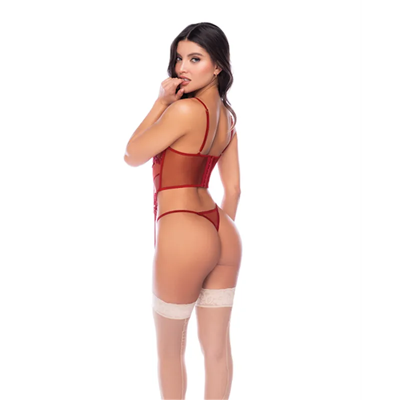 Embroidered Lace Bustier with Garter Straps and Thong Set
