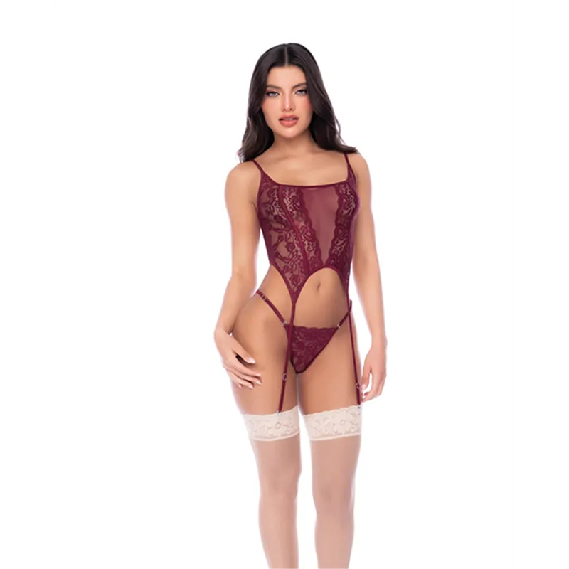 Lace and Mesh Corset Top Set with Garter Straps and Thong