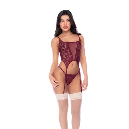 Lace and Mesh Corset Top Set with Garter Straps and Thong