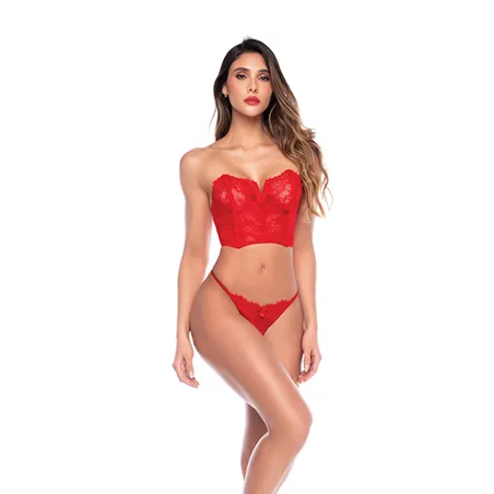 Strapless Lace Bustier and Thong Set with Lace-Up Back