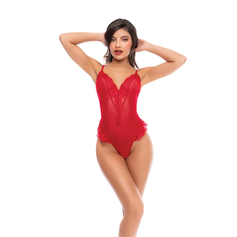 Dotted Lace and Mesh Teddy with Lace-Up Back