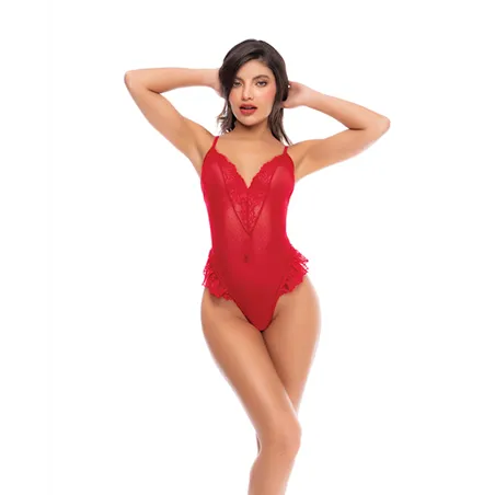 Dotted Lace and Mesh Teddy with Lace-Up Back