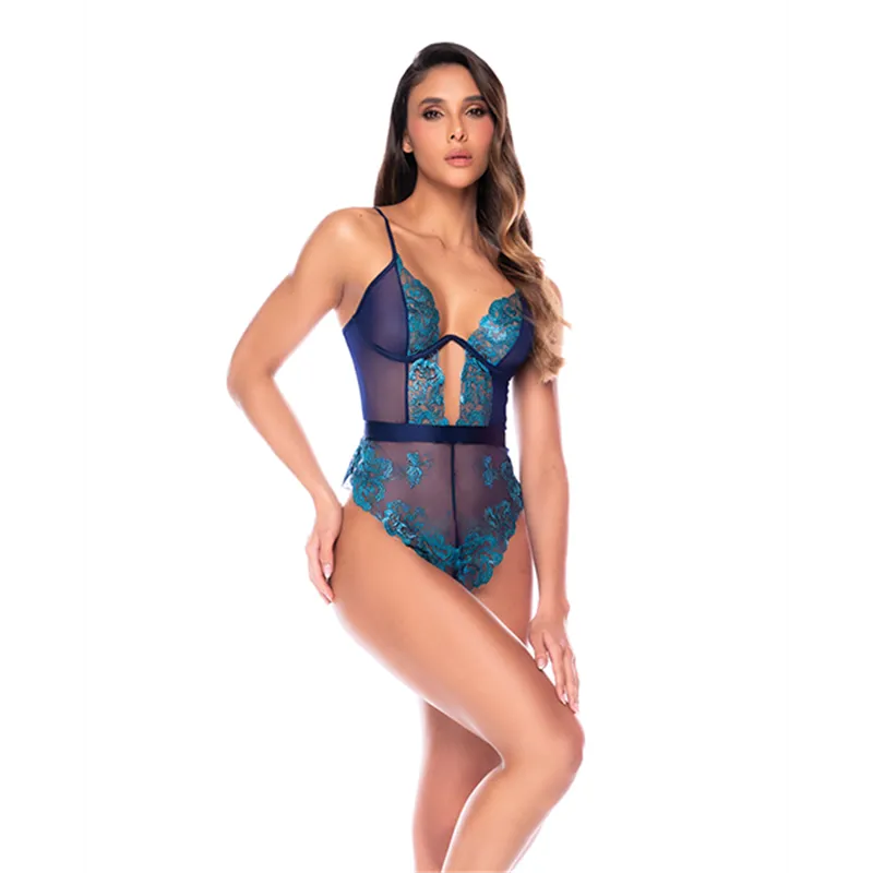 Sheer Mesh Lace Bodysuit with Back Ribbon Tie