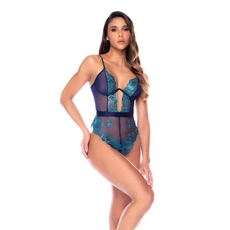 Sheer Mesh Lace Bodysuit with Back Ribbon Tie