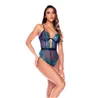 Sheer Mesh Lace Bodysuit with Back Ribbon Tie