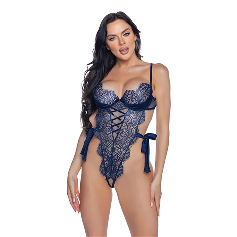 Floral Embroidered Scalloped Lace Teddy with Side Ties
