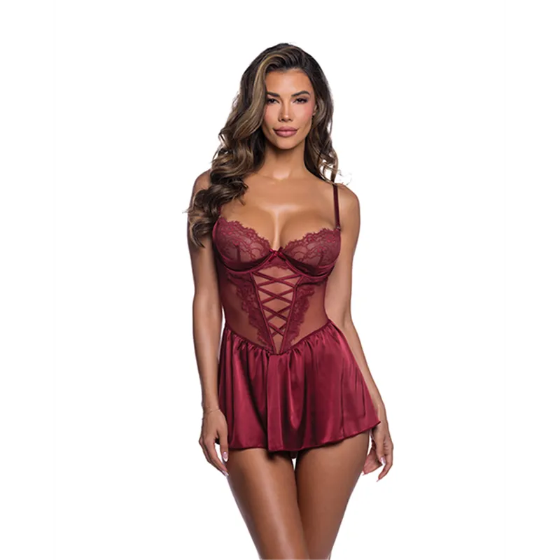 Lace and Satin Babydoll with Crisscross Ribbon Detail