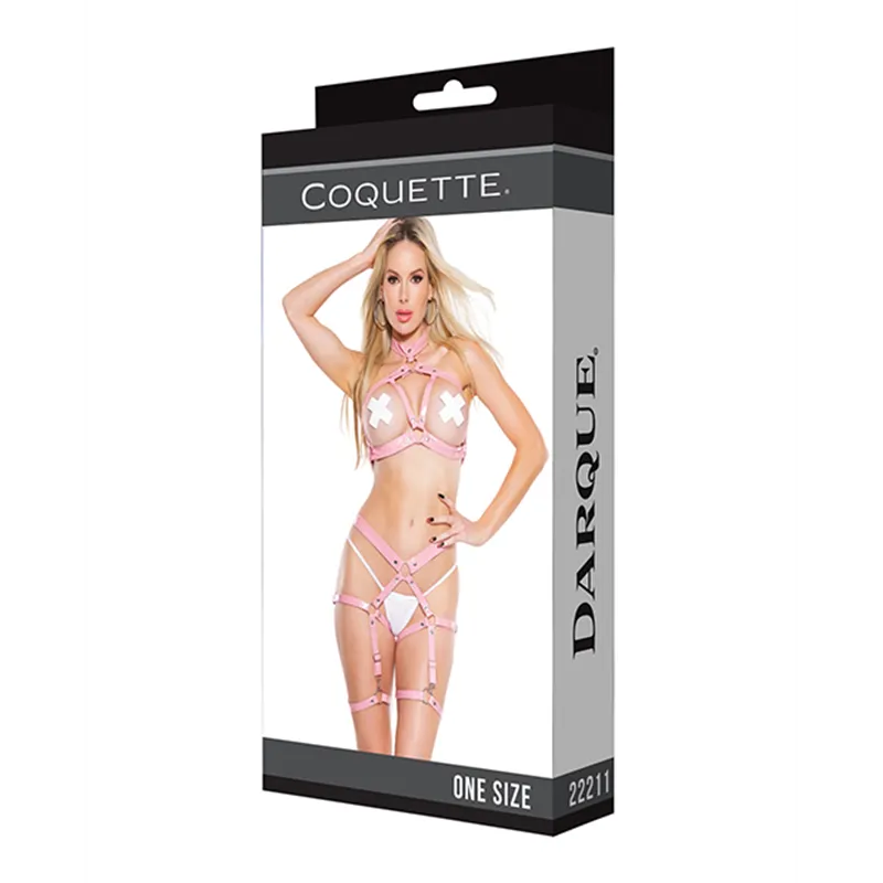 PVC Harness Open Cup Halter Top with Garter Leg Bands