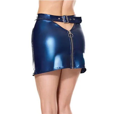 Wet Look Mini Skirt with Belt Waist and Cut-Out Back