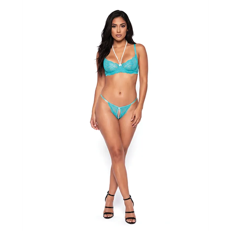 Pearl Obsession Lace Bra and Crotchless Panty Set