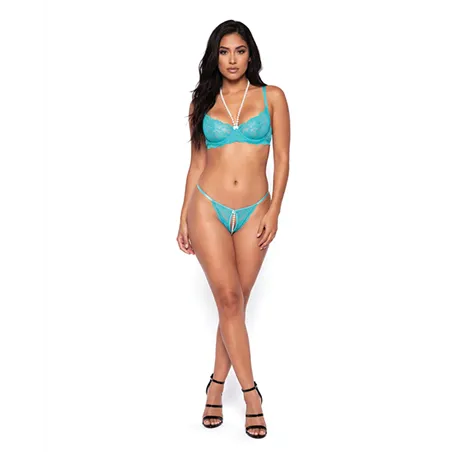 Pearl Obsession Lace Bra and Crotchless Panty Set