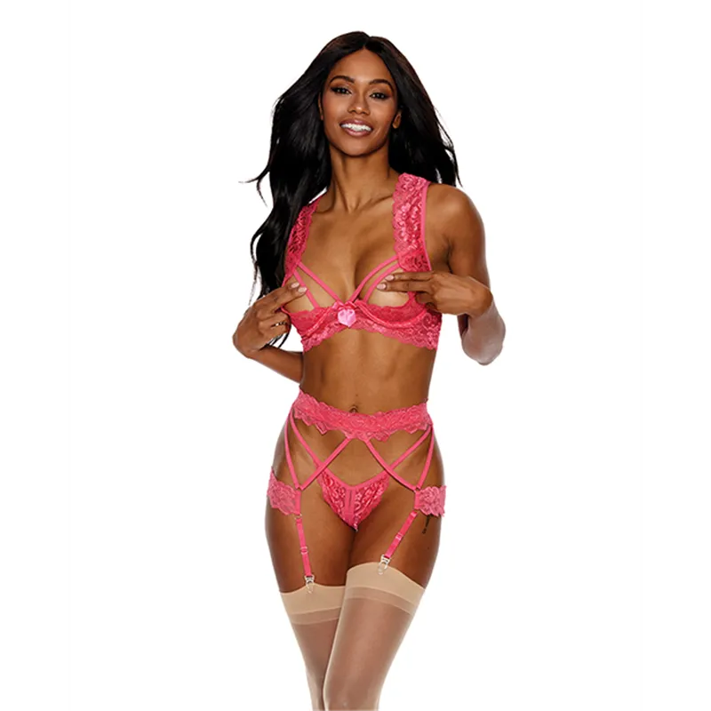 Lace Peek-a-Boo Bra, Garter Belt and G-String Set