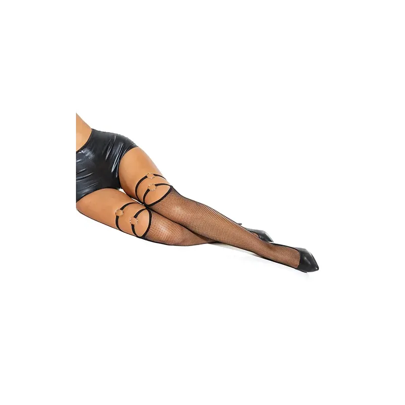 Fishnet Thigh High Stockings with Strap and Ring Detail