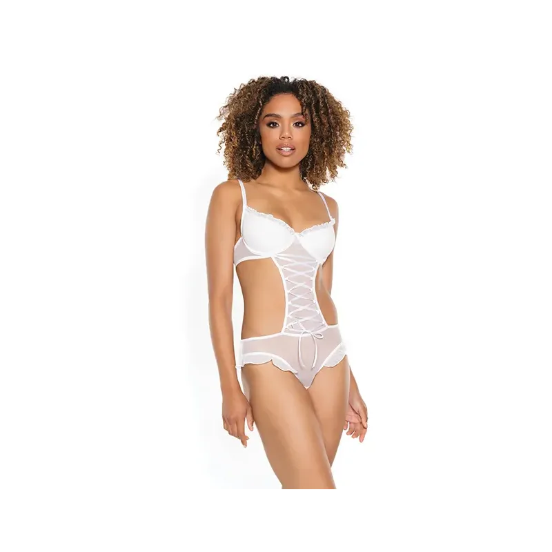 Mesh Ruffled Crotchless Teddy with Lace-Up Front