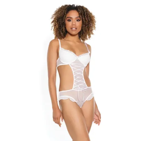 Mesh Ruffled Crotchless Teddy with Lace-Up Front