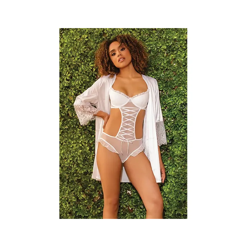 Mesh Ruffled Crotchless Teddy with Lace-Up Front
