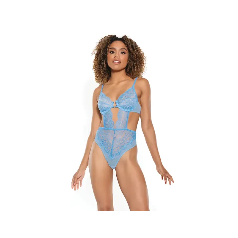 Scallop Lace and Sheer Mesh Teddy with Front V Cut-Out