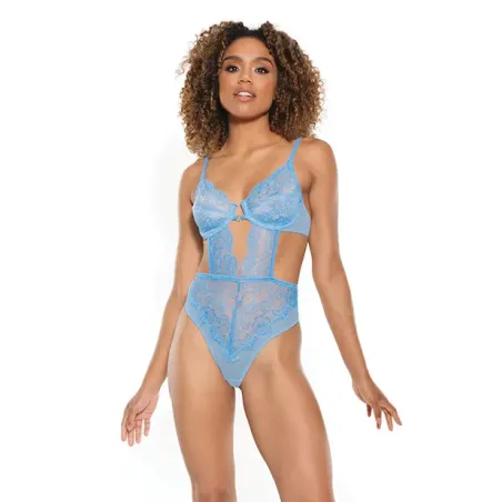 Scallop Lace and Sheer Mesh Teddy with Front V Cut-Out