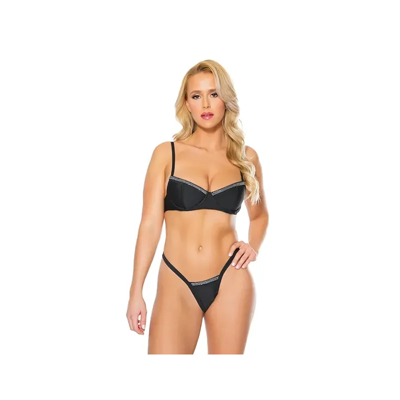 Rhinestone Trim Stretch Knit Bra and G-String Set
