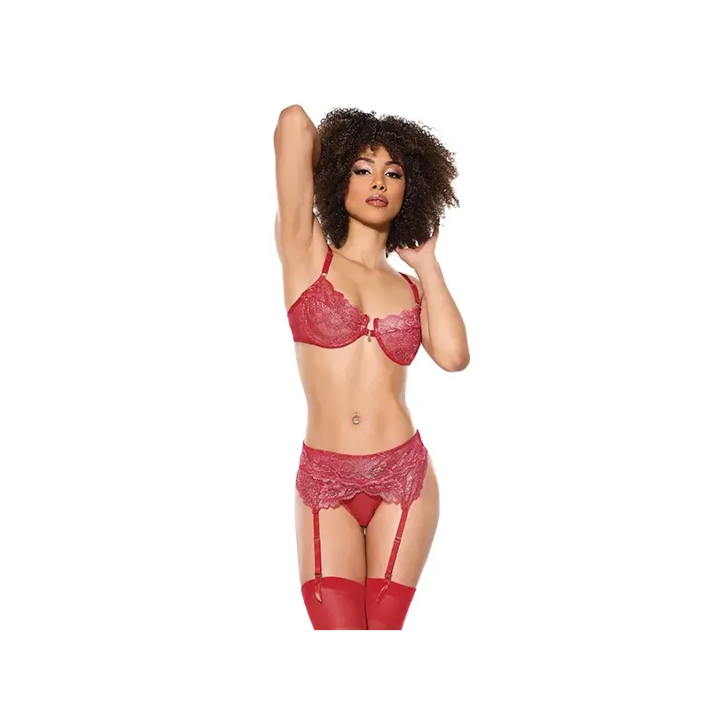 Metallic Stretch Lace Bra with Crotchless Garter Panty