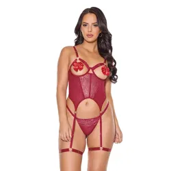 Metallic Scallop Lace and Mesh Bustier with Thong