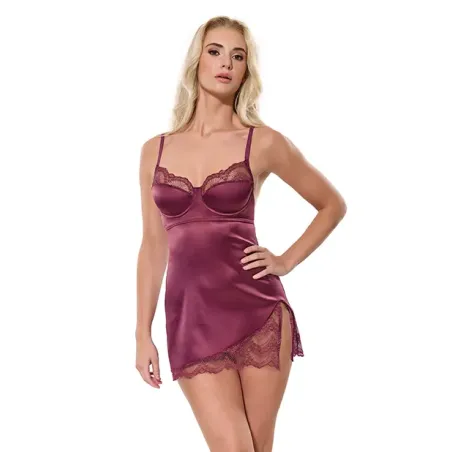 Scallop Lace Stretch Satin Chemise with Underwire