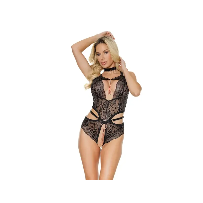 Crotchless Lace Teddy with Chain Whips and Choker