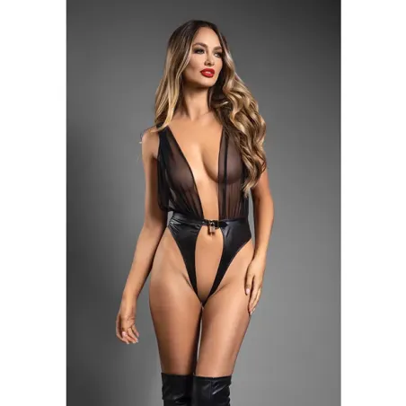 Domina Plunge Teddy with Sheer Mesh and Vegan Leather Lock Detail