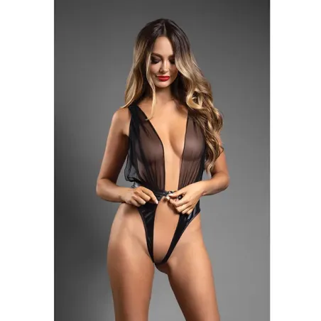 Domina Plunge Teddy with Sheer Mesh and Vegan Leather Lock Detail