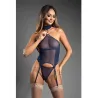 Sheer Mesh Gartered Bustier with Detachable Choker and G-String Set