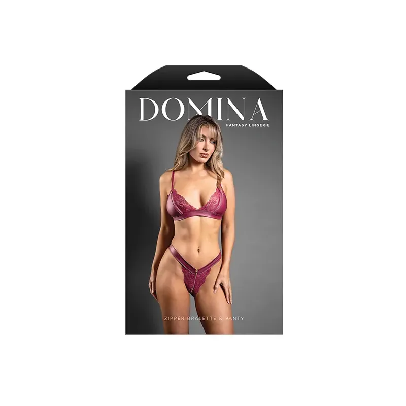 Domina Leatherette Lace Bralette and Panty Set with Zipper Detail