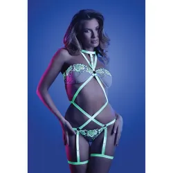 Glow in the Dark Embroidered Mesh Teddy with Leg Garters