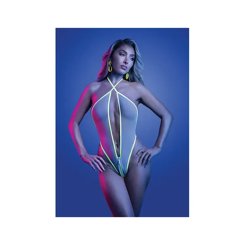 Glow-in-the-Dark Plunge Halter Teddy with Zipper