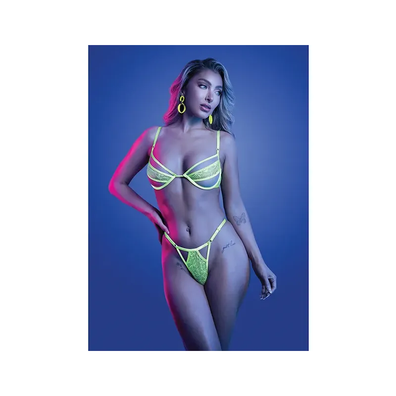 UV Reactive Lace and Mesh Underwire Bra with Thong