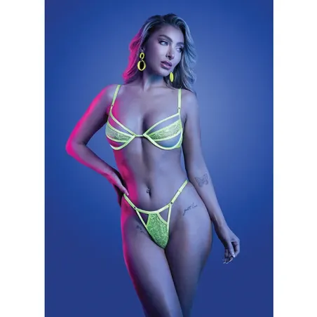 UV Reactive Lace and Mesh Underwire Bra with Thong