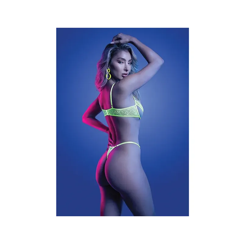 UV Reactive Lace and Mesh Underwire Bra with Thong