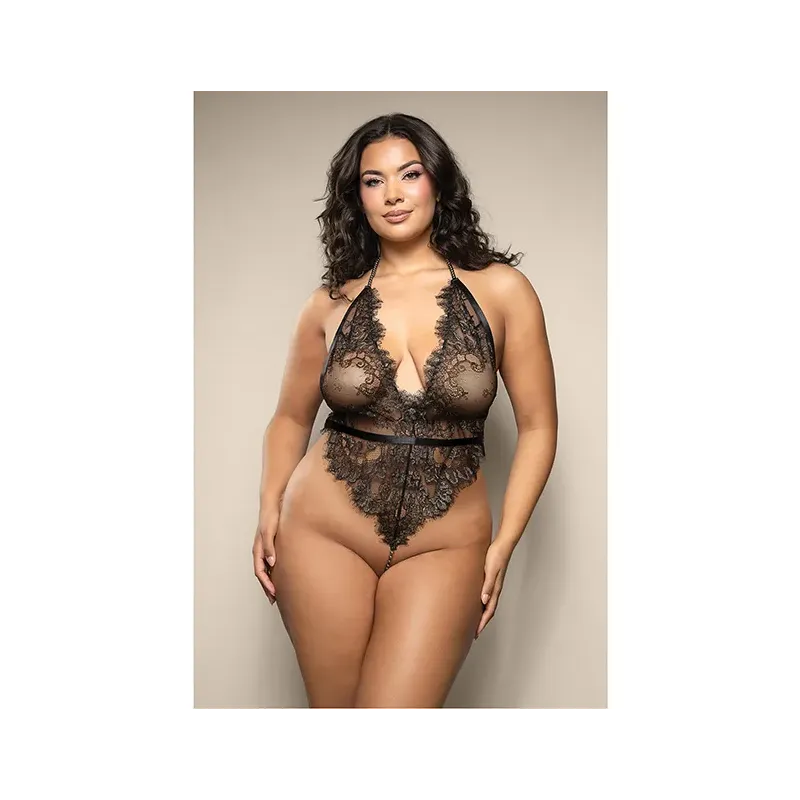 Metallic Eyelash Lace Teddy with Pearl String Crotch