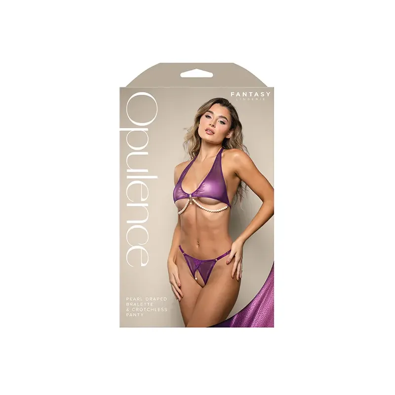 Shimmer Mesh Halter Bralette and Crotchless Panty with Pearl Details