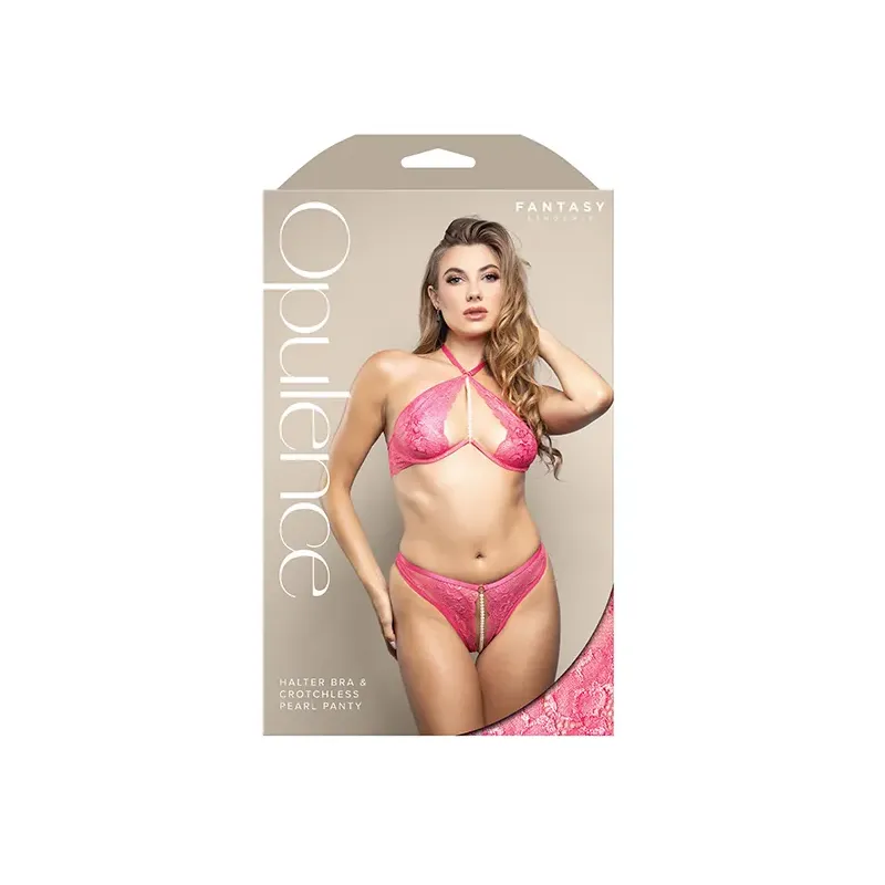 Shimmer Lace Halter Bra and Crotchless Panty Set with Pearl Details