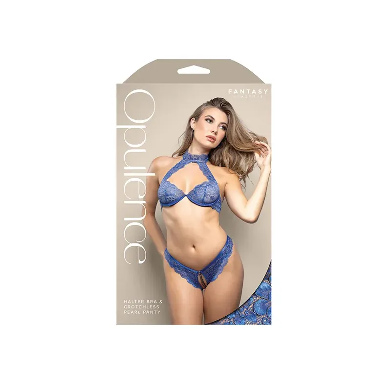 Opulence Corded Lace Bra and Crotchless Panty Set with Pearl Details
