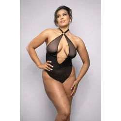 Rhinestone Mesh Halter Teddy with Jeweled Center Strap