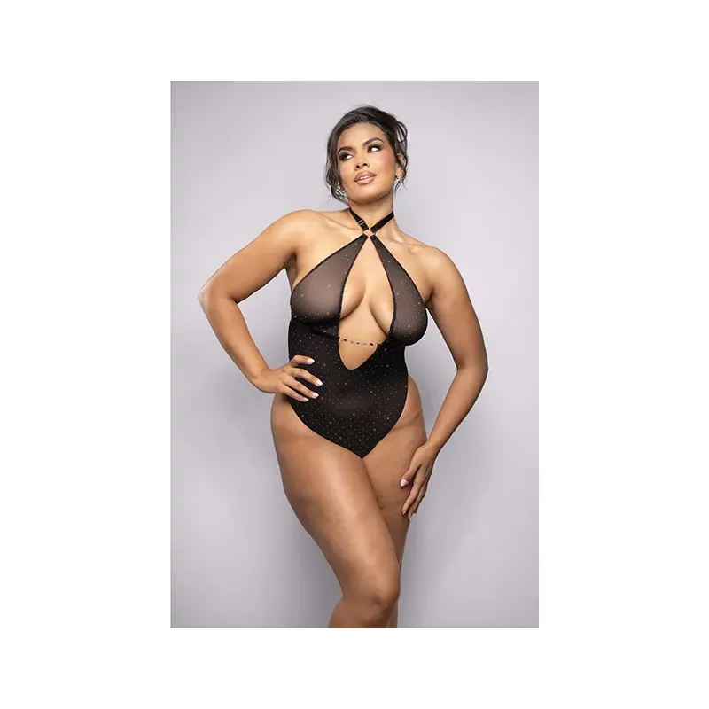 Rhinestone Mesh Halter Teddy with Jeweled Center Strap