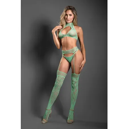 Sheer Lace Knit Halter Top with G-String and Gartered Stockings 3-Piece Set